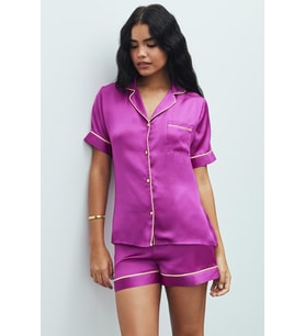 Amoureux Fuşya Kısa Saten Pijama Takımı