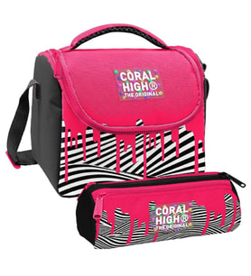 Coral High Kız Çocuk Pembe Siyah Beyaz Boya Desenli Thermo Beslenme Çantası ve Üç Bölmeli Kalemlik Seti