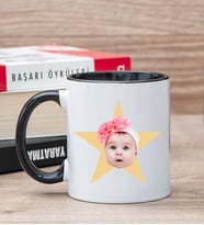 Kişiye Özel Pembe Yıldız Kafa Fotoğraflı Siyah Kupa Bardak