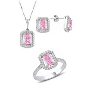 Söğütlü Silver Gümüş rodyumlu pembe baget taşlı üçlü set
