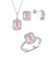 Söğütlü Silver Gümüş rodyumlu pembe baget taşlı üçlü set