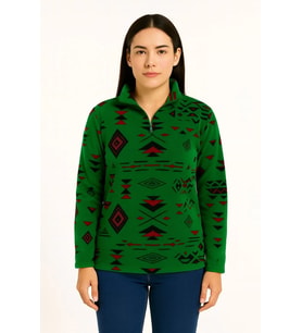 Kadın Yarım Fermuarlı Desenli Polar Sweat Tribal Etnik Desen Yakalı Uzun Kollu - Yeşil