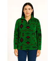 Kadın Yarım Fermuarlı Desenli Polar Sweat Tribal Etnik Desen Yakalı Uzun Kollu - Yeşil