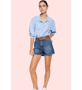Kadın Yüksek Bel City Short Denim Şort Düz Desen Regular Boy Pamuklu Günlük Kullanım Hafta Sonu (Koyu Mavi)