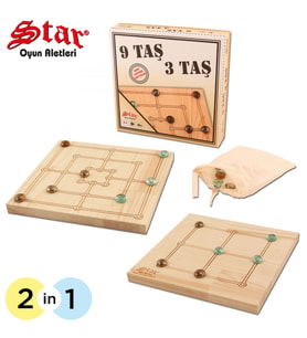 2 Ürün 1 Arada 9 Taş 3 Taş - Ahşap Platform Cam Taşlar - Star Oyun Nostaljik Ahşap 9 Taş 3 Taş Oyunu
