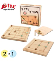 2 Ürün 1 Arada 9 Taş 3 Taş - Ahşap Platform Cam Taşlar - Star Oyun Nostaljik Ahşap 9 Taş 3 Taş Oyunu