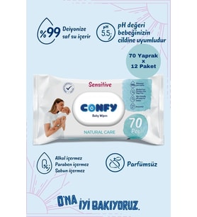 Sensitive Islak Mendil,%99 Saf Su İçeriği, Kokusuz ve Hipoalerjenik, Hassas Ciltler İçin, 840 Yaprak (12 Paket), Plastik Korumalı Kapak