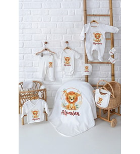 Pia Baby Premium %100 Pamuk 10 Parça İsme Özel Erkek Bebek Hediyesi Hastane Çıkışı Seti 5003-01 (Krem)