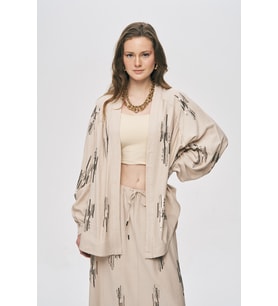 Kadın Glow Payet Ve Boncuk İşlemeli Oversize Viskon Kimono (Açık Bej)