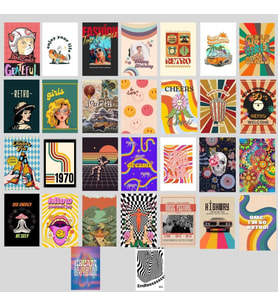 Psychedelic Retro Poster, Indie Kolaj Poster Seti, Dekoratif Poster Kolaj Seti, Çerçevesiz Hediyelik Poster - 30 Adet - 10cm X 15cm