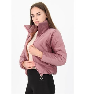Neşeli Butik Kadın Yüksek Yaka Fermuar Detaylı Cepli Kışlık Kadife Mont NB7154