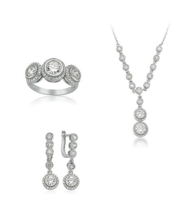 Rodyum Kaplama Üç Taş 925 Ayar Gümüş Kadın Set