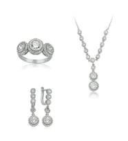 Rodyum Kaplama Üç Taş 925 Ayar Gümüş Kadın Set