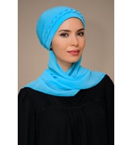 Bebe Mavisi Pratik Hazır Geçmeli Tesettür Bone Sandy Kumaş Örgülü Güllü Şifon Atkılı 1203A_11