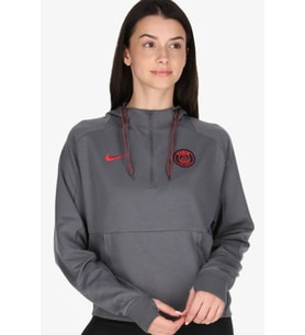 Nike Paris Saint-Germain 1/4-Zip Fleece Soccer Gray Hoodie Kadın Gri Kapüşonlu Yaka Yarım Fermuarlı Sweatshirt Gri
