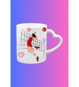 Voleybol Temalı Kadın Oyuncu Baskılı Kalpli Kulp Kupa Bardak Çay Kahve Fincanı-1