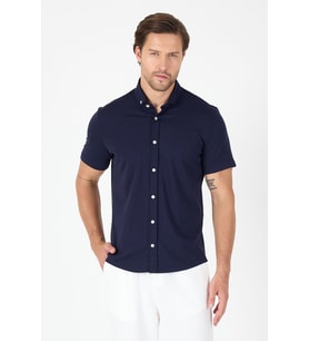Koyu Lacivert Kısa Kol Düğmeli Yaka Cepsiz Performans Ürün Slim Fit  Gömlek 1004250256