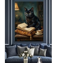Kitap Okuyan Karizmatik Siyah Kedi Dekoratif Kanvas - Mdf Ahşap Tablo