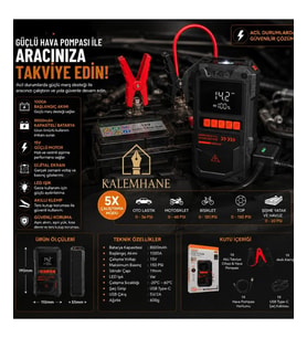 Kalemhane 1000A Akü Takviye Cihazı ve Hava Pompası – 8000mAh Taşınabilir Jump Starter, 150 PSI Dijital Kompresörlü Powerbank