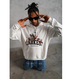 Erkek Oversize Kapüşonlu Sweatshirt – Beyaz Renk Üç İplik İçi Pamuklu Kanguru Cepli Baskılı Hoodie R