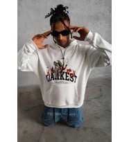 Erkek Oversize Kapüşonlu Sweatshirt – Beyaz Renk Üç İplik İçi Pamuklu Kanguru Cepli Baskılı Hoodie R