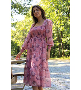 Neşeli butik kadın pudra gipeli kare yaka desenli şifon elbise NB100361