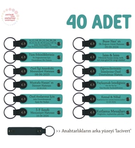 Eğitim Ekibine Değerli Armağan 40'lı Set Kişiye Özel Yazılı Deri Anahtarlık, Koyu Turkuaz & Laci