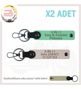 Motorcu Tarzına, İsim Plaka ve A Rh (-) Kan Grubu Yazılı Hediyelik x2 Anahtarlık Set, Yeşil-Pudra-SK