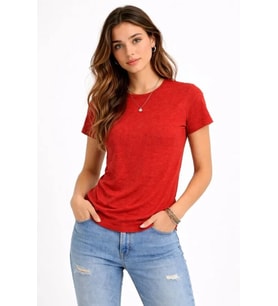 Flam Kumaş Melanj Dokulu Regular Fit Tişört Bisiklet Yaka Yazlık T-Shirt - Kiremit