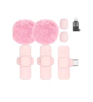 Kablosuz Tüylü Pembe Yaka Mikrofonu Type-C ve Apple Girişli 2’li Set Bluetooth 5.0