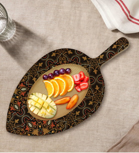BK Gift Retro Motif Tasarımlı Yaprak Şeklinde Doğal Ahşap Servis ve Sunum Tabağı Model 12
