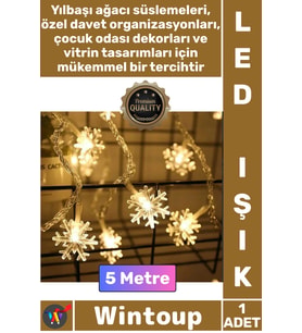 #Led Dekoratif Şeffaf Kablo Yılbaşı Süsleme 2 Kademeli Pilli Gün Işığı Şık Kar Tanesi 5 Metre 28 Led