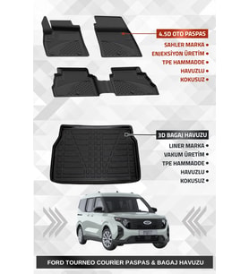 Sahler Ford Tourneo Courier 2024+ Uyumlu 4.5D Premium Havuzlu Oto Paspas ve Liner Marka 3D Bagaj Havuzu