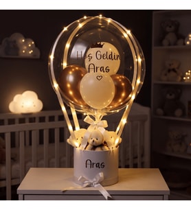 Kişiye Özel Led Işıklı, Beyaz ve Kahve Konseptli Peluş Ayıcıklı Balon Tasarımı - Yeni Doğan Hediyesi