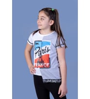 Toontoy Kız Çocuk Paris Baskılı Şeritli Tişört ( Gri-Melanj)