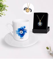 BK Gift Kişiye Özel Nazar Temalı Türk Kahvesi Fincanı ve Açılan Nazar Kolye Hediye Seti-2 (Model 1)