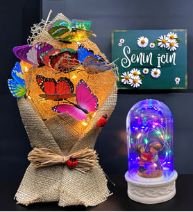 Led Işıklı Renkli Kelebek Buketi & Renkli Led Işıklı Fanus Hediye Seti (Model 7)