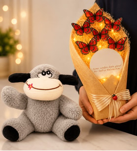 Peluş Eşek ve Led Işıklı Aynalı Kırmızı Kelebek Buketi Hediye Seti
