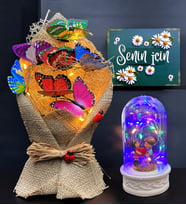 Led Işıklı Renkli Kelebek Buketi & Renkli Led Işıklı Fanus Hediye Seti (Model 7)