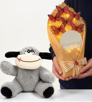 Peluş Eşek ve Led Işıklı Aynalı Kırmızı Kelebek Buketi Hediye Seti