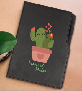 BK Gift Kişiye Özel Kaktüs Tasarımlı Siyah Termo Deri Not Defteri 15x21cm-11