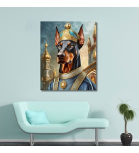 Tekli Dikey Kanvas Duvar Tablosu Kral Kostümlü Doberman Köpek