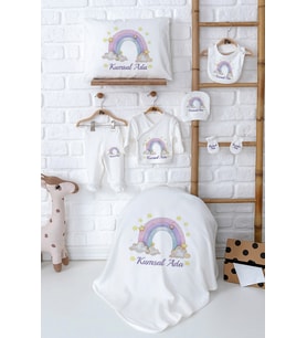 Pia Baby Premium İsim Baskılı Yenidoğan Kız Bebek Hediyelik %100 Pamuk Set 5075-02 (Ekru)