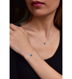 Papatya Silver 925 Ayar Gümüş Rodyum Kaplama Cam Göz Kolye Ve Bileklik Set