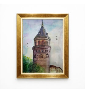 Tablore Galata Kulesi Sulu Boya Etkili Gold Çerçeveli İstanbul Manzaralı Duvar Tablosu