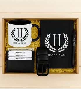 BK Gift Kişiye Özel İsimli Siyah Defter & Kalem & Kartlık Cüzdan & Kemer & Kupa Hediye Seti-1  Babalar Günü Hediyesi, Erkeklere Özel Hediye