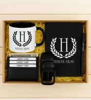 BK Gift Kişiye Özel İsimli Siyah Defter & Kalem & Kartlık Cüzdan & Kemer & Kupa Hediye Seti-1  Babalar Günü Hediyesi, Erkeklere Özel Hediye