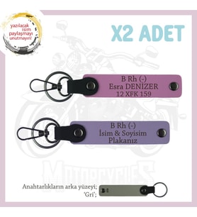 Motor Severlere Özel, İsim Plaka, B Rh (-) Kan Grubu Yazılı Özel Tasarım x2 Anahtarlık, Mor-Pembe-Gr (Çok Renkli)