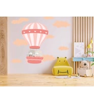 PEMBE TONLARDA AYICIKLI BALON VE BULUTLAR ÇOCUK ODASI DUVAR STİCKER
