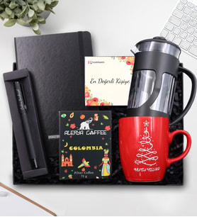 Kişiye Özel Siyah Defter & Siyah Mat Roller Kalem & Alerya Colombia Filtre Kahve & Siyah French Press & Kırmızı Yılbaşı Kupa Hediye Seti